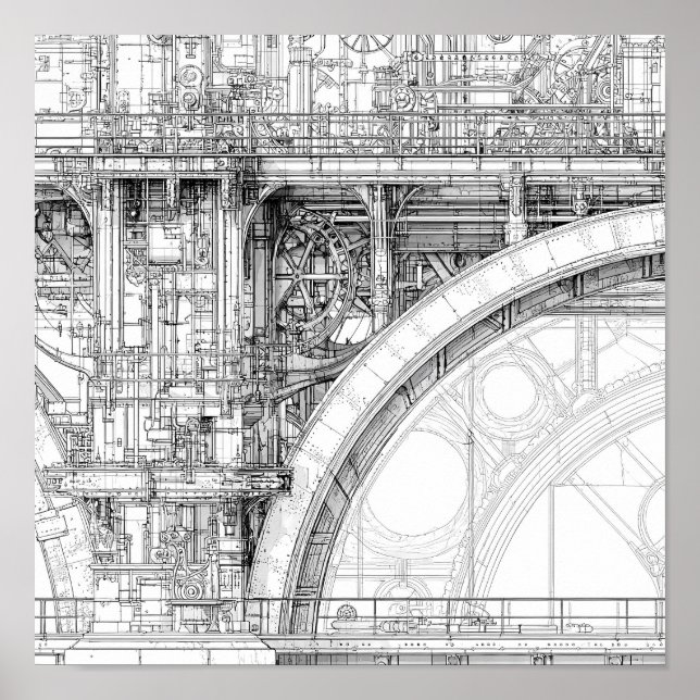 Intricate Steampunk Scaffolding Technical Line Art Poster (Front)