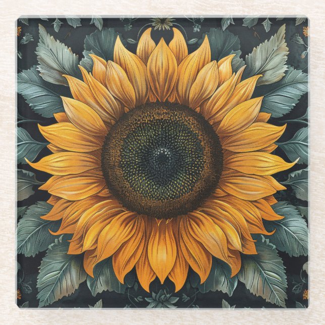 Intricate Sunflower Botanical Art Glass Coaster (Front)