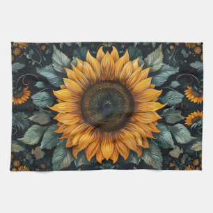 Intricate Sunflower Botanical Art Tea Towel