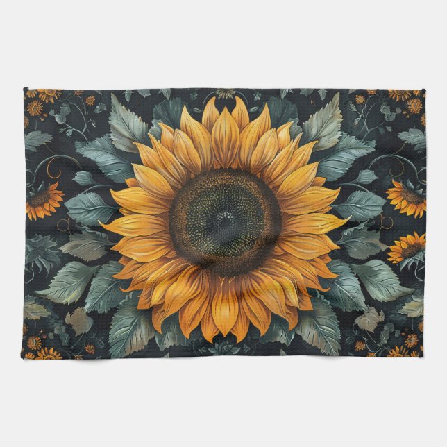 Intricate Sunflower Botanical Art Tea Towel (Horizontal)