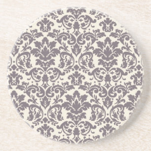 intricate taupe grey cream damask pattern coaster