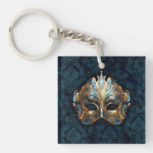 Intricate Teal and Golden Mask Key Ring