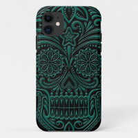Intricate Teal Blue Sugar Skull on Black