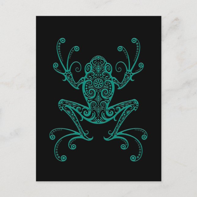Intricate Teal Blue Tree Frog on Black Postcard (Front)