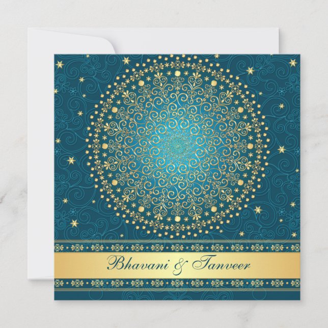 Intricate Teal, Gold Scrolls Stars Wedding Invite (Front)
