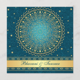Intricate Teal, Gold Scrolls Stars Wedding Invite