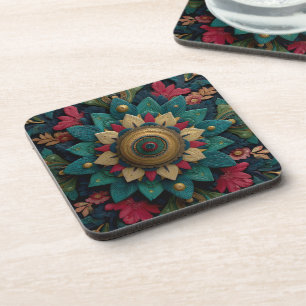 Intricate Textured Floral Mandala in Teal and Gold Coaster