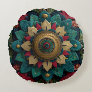 Intricate Textured Floral Mandala in Teal and Gold Round Cushion