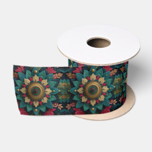 Intricate Textured Floral Mandala in Teal and Gold Satin Ribbon