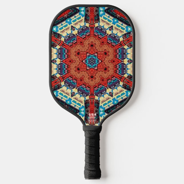 Intricate Vibrant Kaleidoscopic Starburst Pattern Pickleball Paddle (Front)