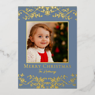 Intricate Vines Blue Gold Foil Holiday Card