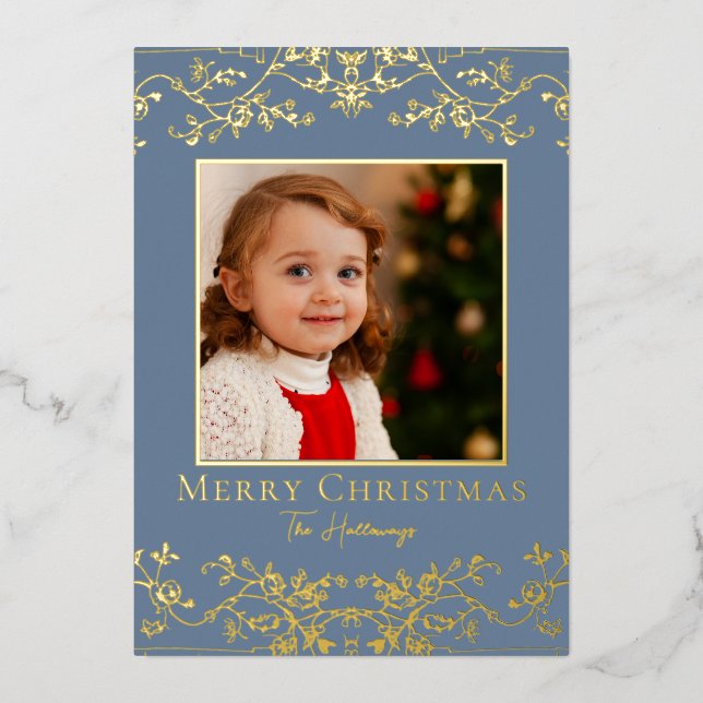 Intricate Vines Blue Gold Foil Holiday Card (Front)