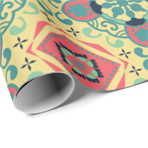 Intricate vintage pattern with red, teal, beige wrapping paper