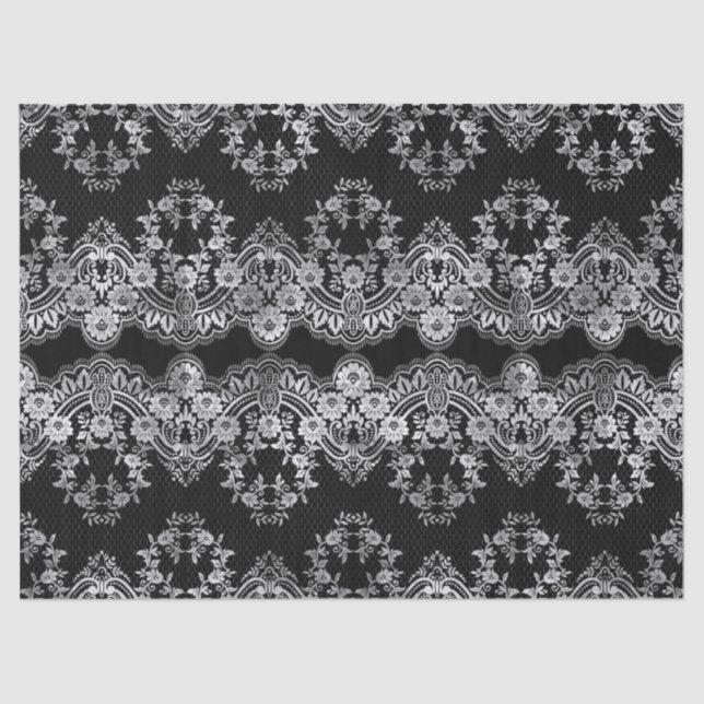 Intricate White Lace on Black Decoupage Tissue Paper (Front)