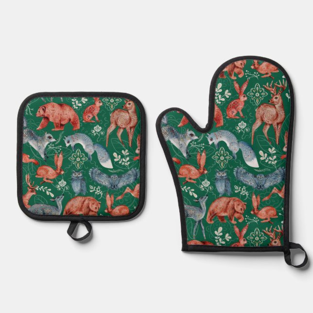  Intricate woodland animals pattern Oven Mitt & Pot Holder Set (Front)