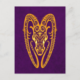 Intricate Yellow Aries Zodiac on Purple Postcard