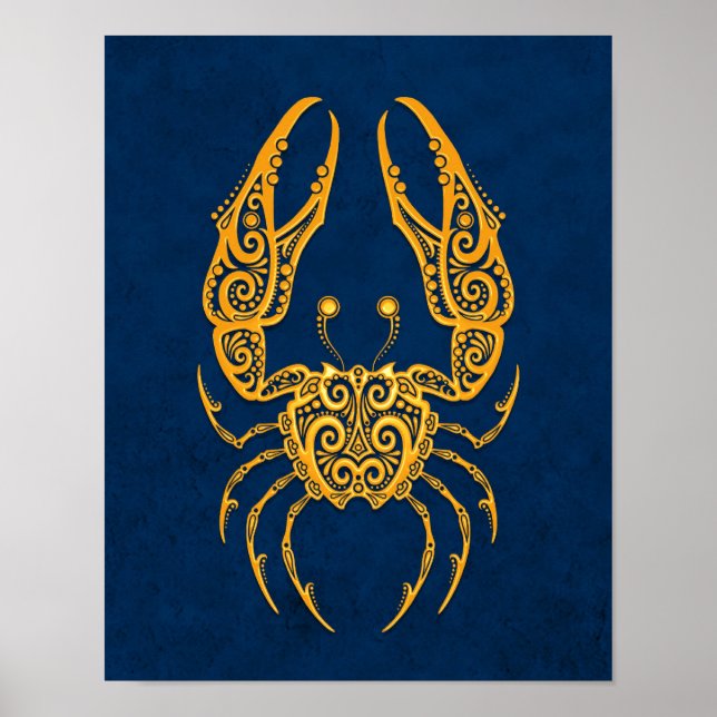 Intricate Yellow Cancer Zodiac on Blue Poster (Front)