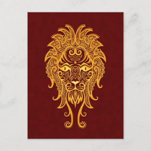 Intricate Yellow Leo Zodiac on Red Postcard