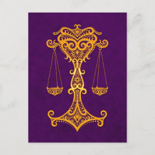 Intricate Yellow Libra Zodiac on Purple Postcard