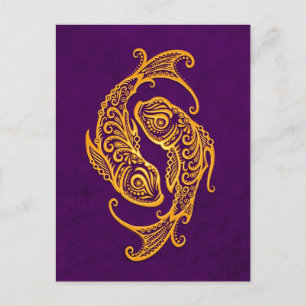 Intricate Yellow Pisces Zodiac on Purple Postcard