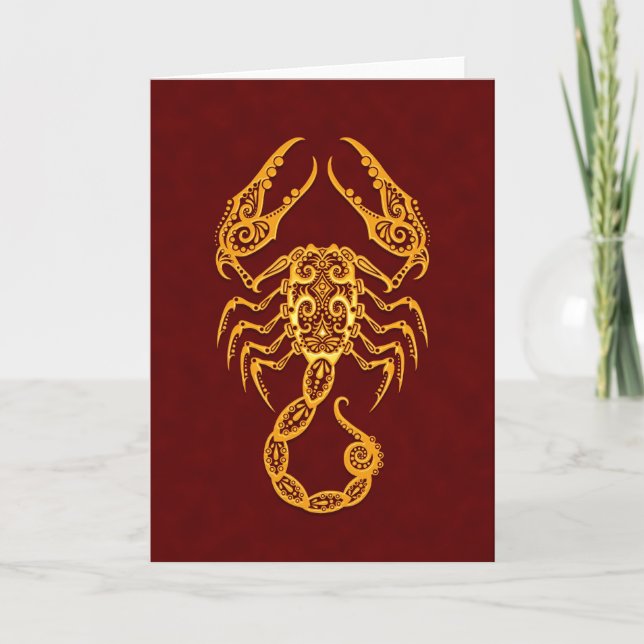 Intricate Yellow Scorpio Zodiac on Red Card (Front)