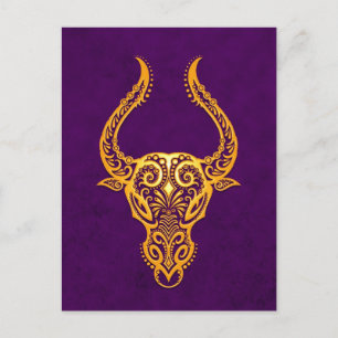 Intricate Yellow Taurus Zodiac on Purple Postcard