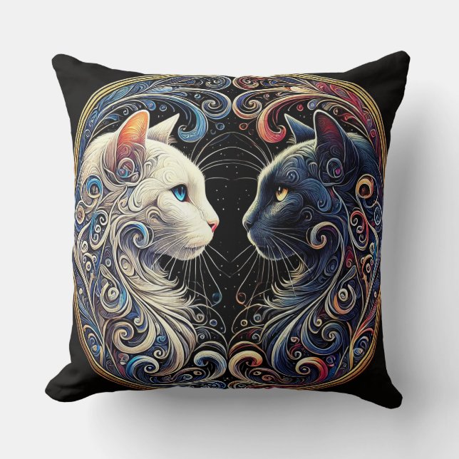 Intricate Yin Yang Cats Artwork Cushion (Front)