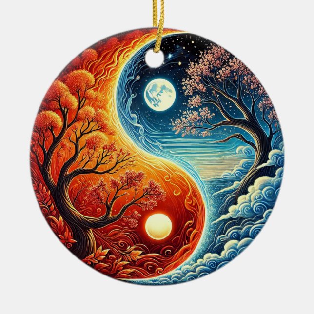 Intricate Yin-Yang Symbol Showcasing Fire, Water Ceramic Tree Decoration (Front)