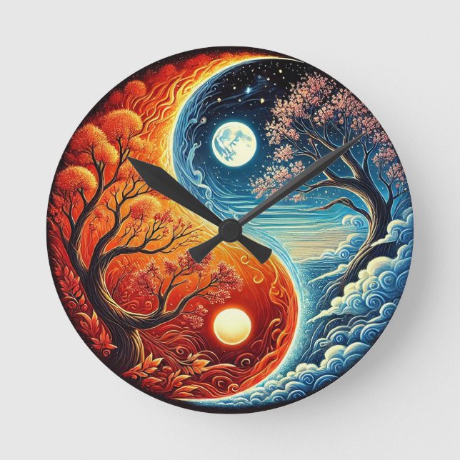 Intricate Yin-Yang Symbol Showcasing Fire, Water Round Clock (Front)