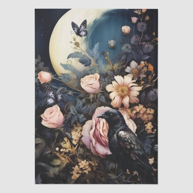 Intriguing Fantasy Gothic Raven & Florals Tissue Paper (Front)