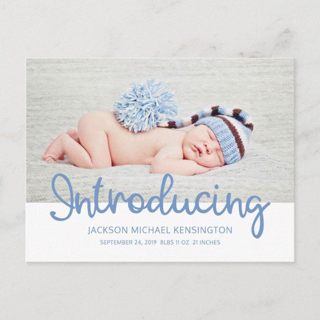 Introducing Baby Boy Blue Typography Photo Announcement Postcard (Front)
