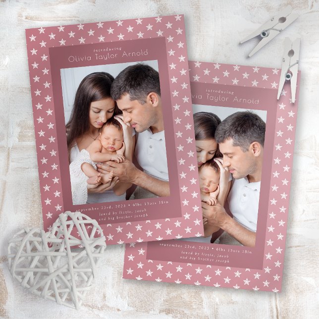 Introducing Baby Photo Pink Stars Birth Announcement (Creator Uploaded)