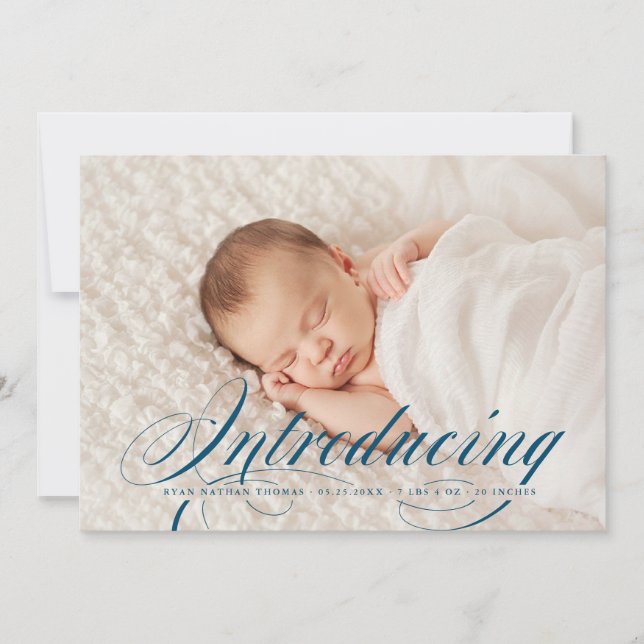 Introducing Elegant Full Bleed Photo New Baby Announcement (Front)