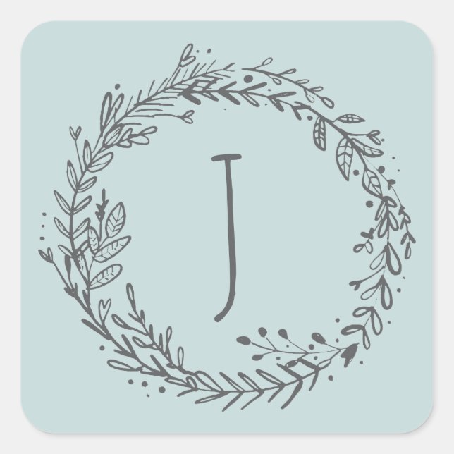 Introducing floral wreath initial name square sticker (Front)