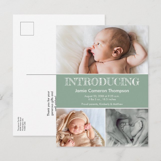  Introducing Green Baby Photos Birth Announcement Postcard (Front/Back)