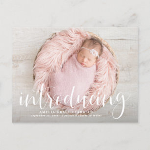 Introducing Handwritten Script Overlay Photo Birth Announcement Postcard