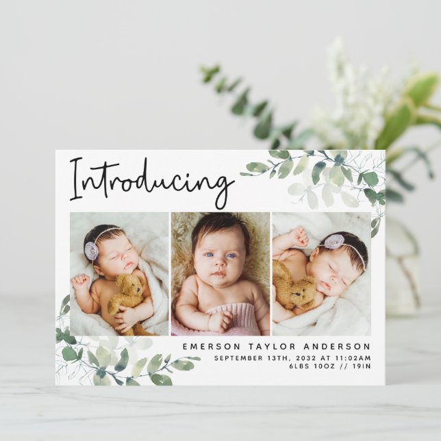 Introducing Modern Photo Eucalyptus Birth Announcement (Standing Front)