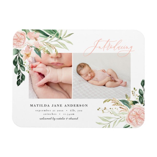 Introducing multi photo blush pink floral birth an magnet (Horizontal)