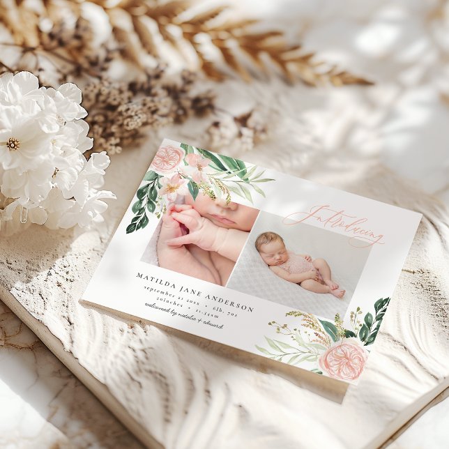 Introducing multi photo blush pink floral birth announcement (Creator Uploaded)