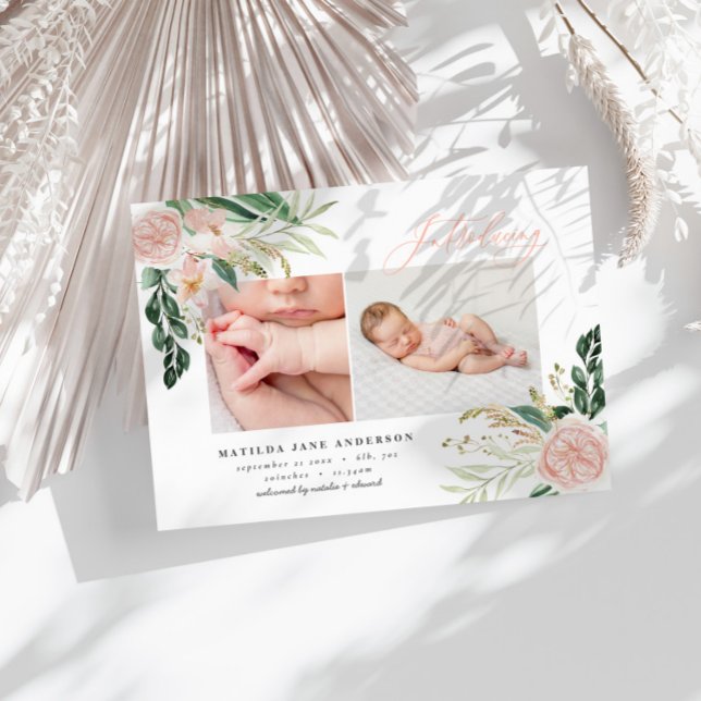 Introducing multi photo blush pink floral birth announcement postcard (Creator Uploaded)