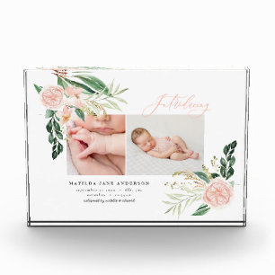 Introducing multi photo blush pink floral birth  block