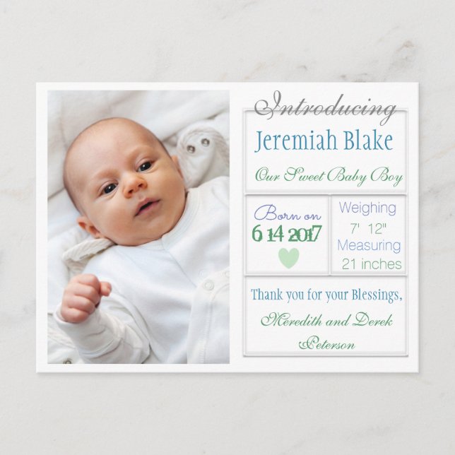 Introducing New Baby Boy Announcement Postcard (Front)