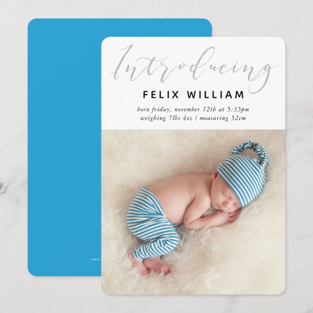 INTRODUCING NEW BABY cute calligraphy photo blue Announcement (Front/Back)
