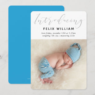 INTRODUCING NEW BABY cute calligraphy photo blue Announcement