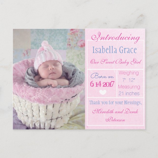 Introducing New Baby Girl Announcement Postcard (Front)