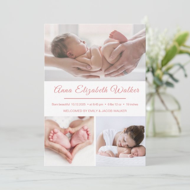 Introducing Newborn Baby Girl Birth Stats 3 Photo Announcement (Standing Front)