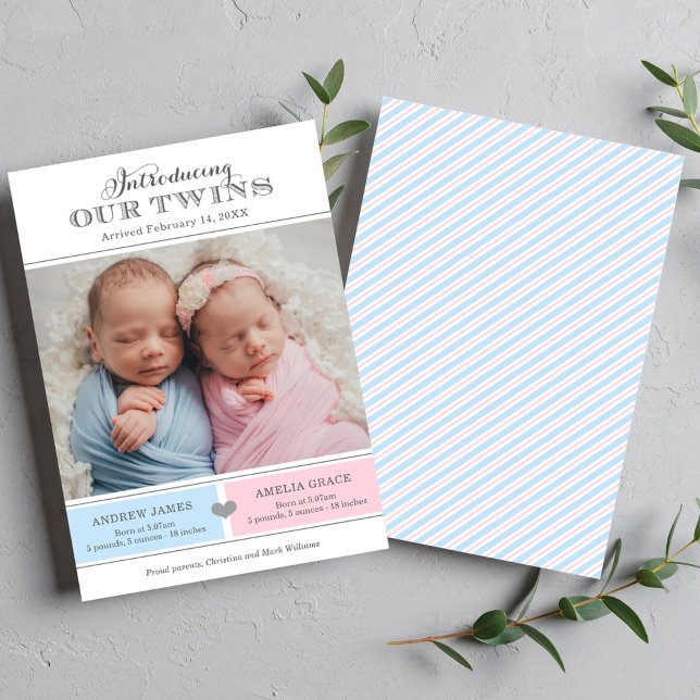 Introducing Our Twins Baby Boy Girl Photo Birth Announcement (Creator Uploaded)