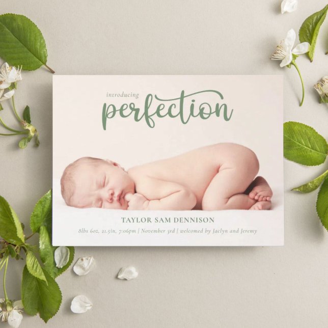 Introducing Perfection Simple Script Photo Birth Announcement (Creator Uploaded)