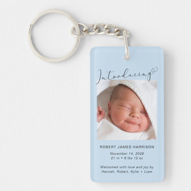 Introducing Photo Baby Boy Birth Announcement Key Ring (Front)