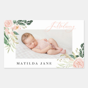 Introducing photo blush floral birth announcement rectangular sticker
